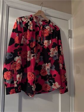 J. Crew Red and Black Floral Print Button-Up Blouse